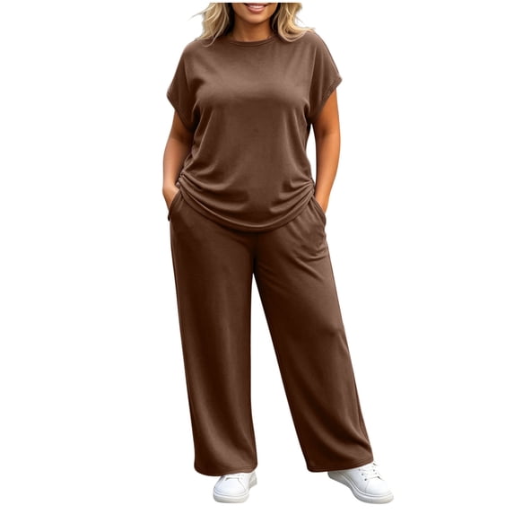Timegard 2 Piece Sets for Women Plus Size Short Sleeve Side Drawstring T Shirts Wide Leg Pants Casual Loose Workout Outfits(XX-Large,Brown)