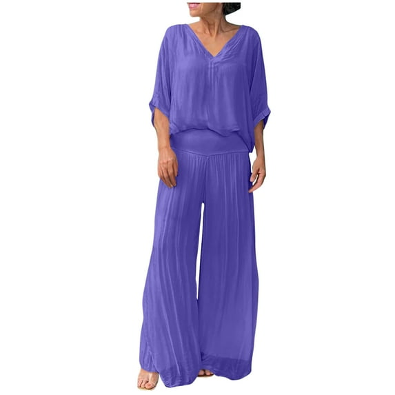 Timegard 2 Piece Sets for Women Plus Size V Neck 1/2 Sleeve Top Wide Leg Pants Flowy Casual Loose Outfits