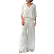 Timegard 2 Piece Sets for Women Plus Size V Neck 1/2 Sleeve Top Wide Leg Pants Flowy Casual Loose Outfits