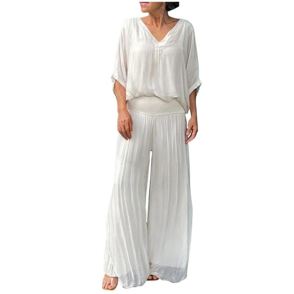 Timegard 2 Piece Sets for Women Plus Size V Neck 1/2 Sleeve Top Wide Leg Pants Flowy Casual Loose Outfits