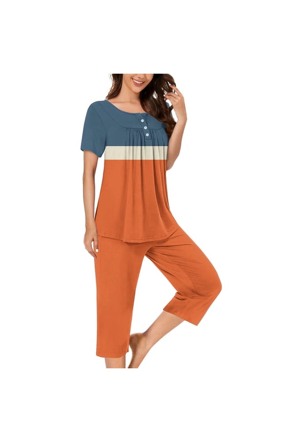 2 Piece Sets for Women Ruched Short Sleeve Blouse Capris Pants Comfy Lounge Outfits Homewear