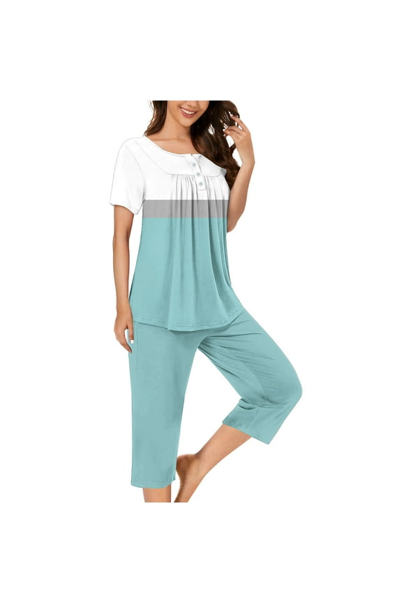 2 Piece Sets for Women Ruched Short Sleeve Blouse Capris Pants Comfy Lounge Outfits Homewear