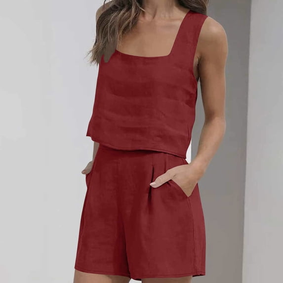 Timegard 2 Piece Sets for Women Square Neck Tank Tops Shorts Vacation Outfits Loose Lightweight Summer Clothes