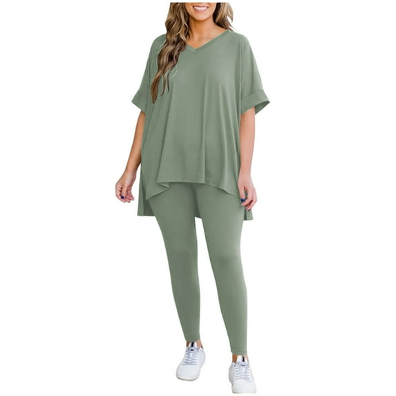 Timegard 2 Piece Sets for Women V Neck Short Sleeve Loose Top Leggings Comfy Casual Pajamas Outfits