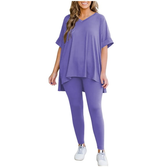 Timegard 2 Piece Sets for Women V Neck Short Sleeve Loose Top Leggings Comfy Casual Pajamas Outfits