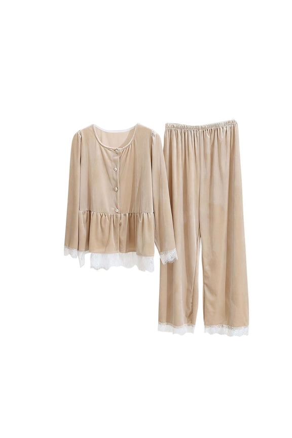 2 Piece Sets for Women Velour Pajamas Long Sleeve Ruffle Lace Tops Wide Leg Pants Loungewear Outfits