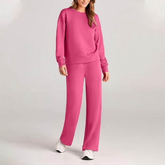 Timegard 2 Piece Sweatsuit for Women Long Sleeve Pullover Straight Leg Pants Solid Color Workout Outfits
