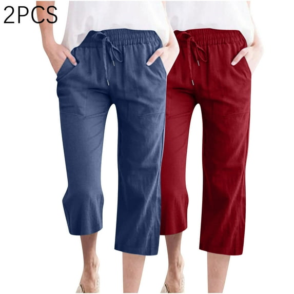 Timegard 2pc Cotton Linen Pants for Women Capris Elastic Waist Straight Leg Crop Pants with Pockets