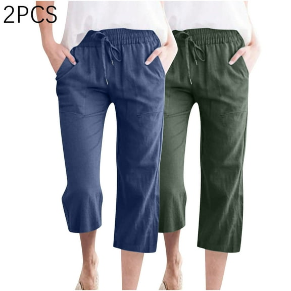 Timegard 2pc Cotton Linen Pants for Women Capris Elastic Waist Straight Leg Crop Pants with Pockets