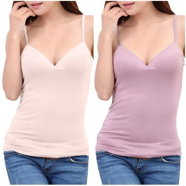 Timegard 2pc Tank Top for Women with Built in Bras Deep V Neck Skinny Soft Underwire Camis Tee Solid Color