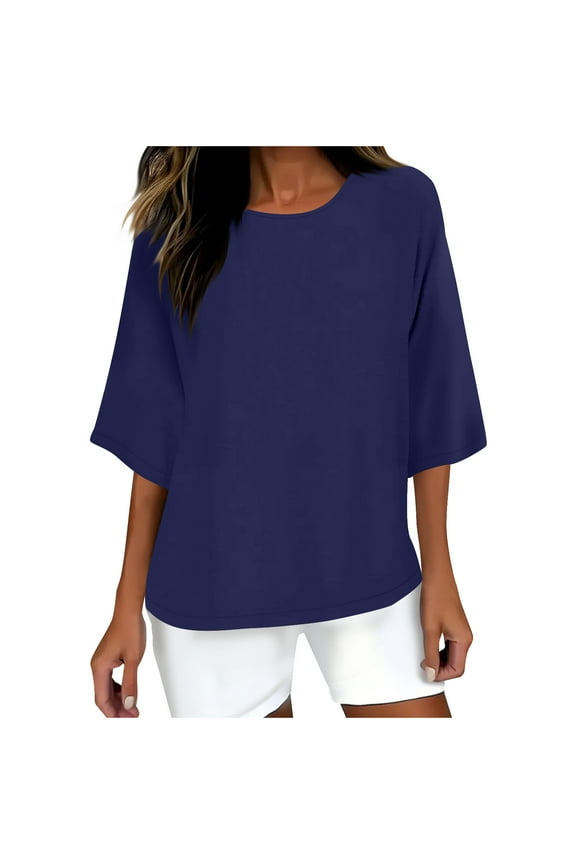 3/4 Length Sleeve Tops for Women Plus Size Drop Shoulder Round Neck Loose Lightweight Blouse Casual
