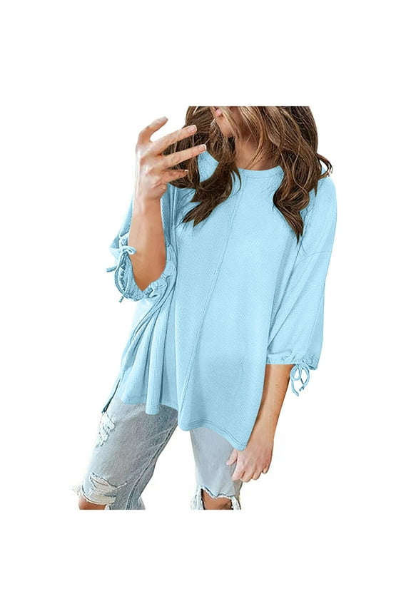 3/4 Length Sleeve Womens Tops Drop Shoulder Crewneck High Low Drawstring Casual Loose Blouse Tops