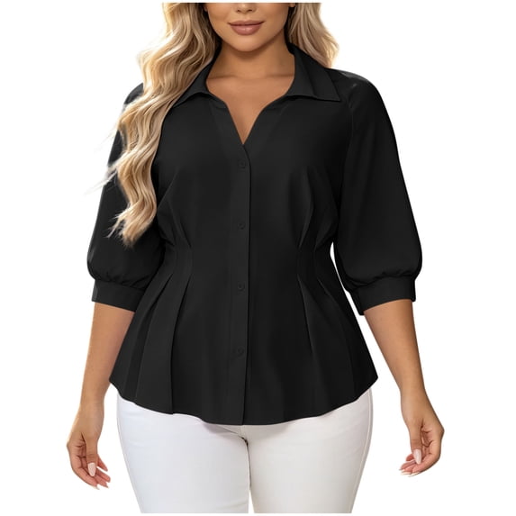 Timegard 3/4 Length Sleeve Womens Tops Lapel V Neck Dressy Casual Tops Tunic Tops Ruched Button down Shirts Tops(Black,XXXXXL)