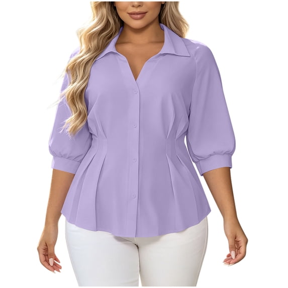 Timegard 3/4 Length Sleeve Womens Tops Lapel V Neck Dressy Casual Tops Tunic Tops Ruched Button down Shirts Tops(Purple,XL)
