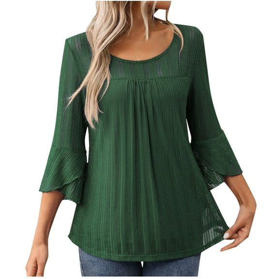 Timegard 3/4 Length Tops for Women Scoop Neck Ruched Ruffle Lightweight Sparkly Casual Blouse Fashion