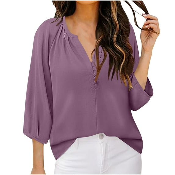 Timegard 3/4 Sleeve Blouse for Women Notched V Neck Button Loose Blouse Spring Summer Casual Shirts Tops