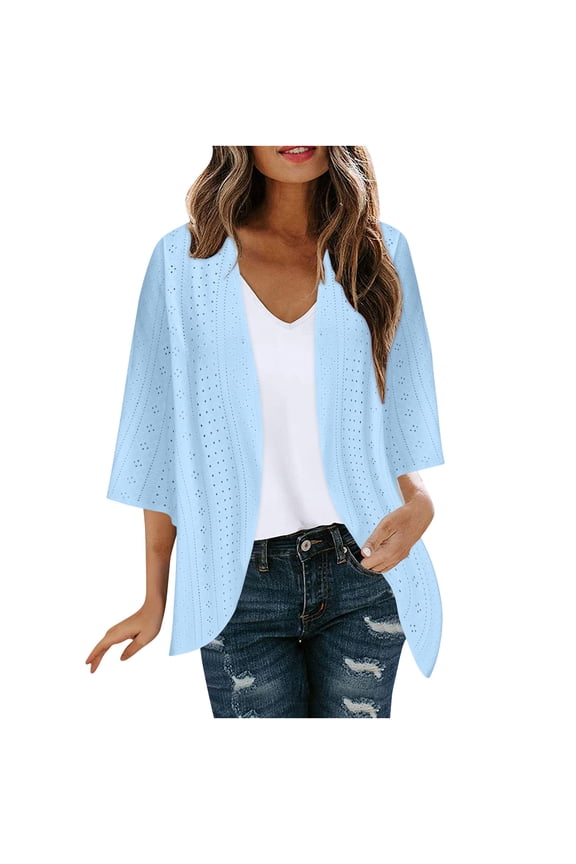 3/4 Sleeve Cardigan for Women Eyelet Front Open Comfort Solid Color Fall Casual Loose Jackets