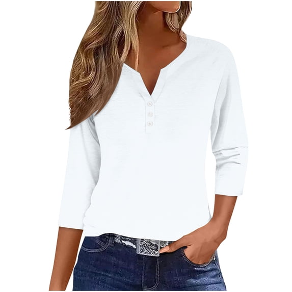 Timegard 3/4 Sleeve Length Women Tops Notched V Neck Button Dressy Casual Tunic Tops Fall Solid Color