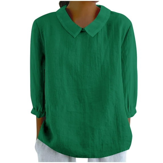 Timegard 3/4 Sleeve Tops for Women Lapel Neck Solid Color Cute Shirts Fall Travel Casual Loose Tops