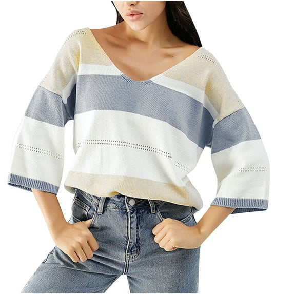 Timegard 3/4 Sleeve Tops for Women Striped V Neck Color Block Pullover Sweater Fall Winter Loose Knit Tops