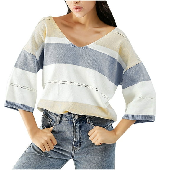 Timegard 3/4 Sleeve Tops for Women Striped V Neck Color Block Pullover Sweater Fall Winter Loose Knit Tops