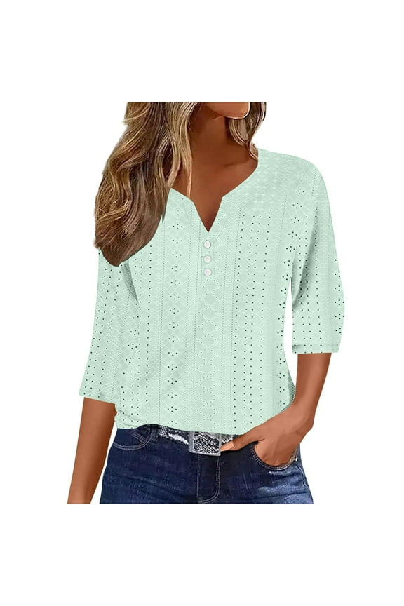 3/4 Sleeve Tops for Womens Eyelet V Neck Button Dressy Casual Tunic Tops Fall Solid Color
