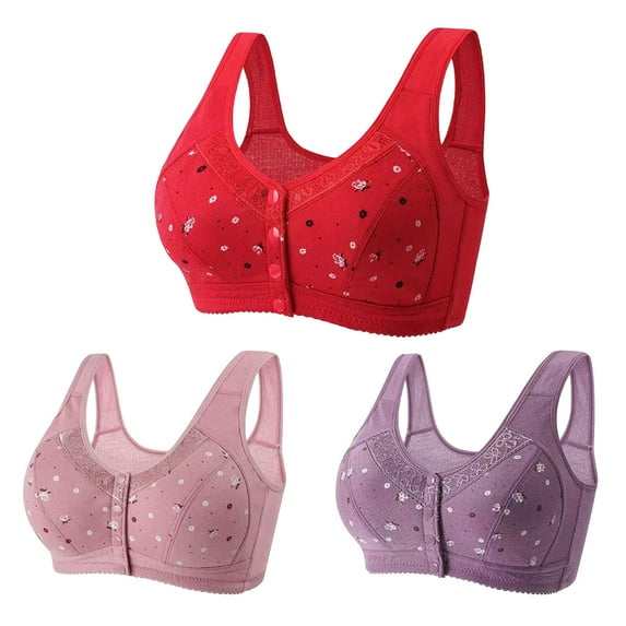 Timegard 3pc Front Closure Bras for Women Plus Size Button Full Coverage Comfort Wireless Bras with Support