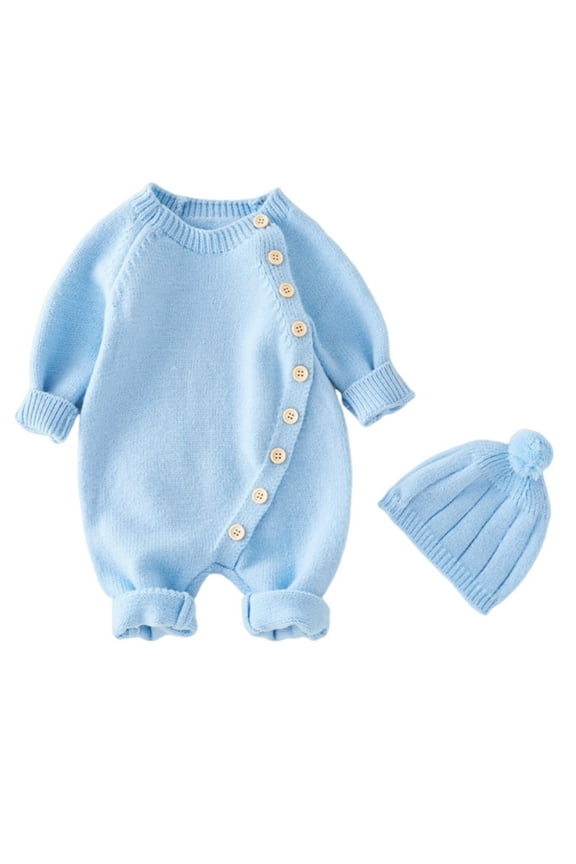 Baby Bodysuit Boy Girl Newborn Onesie Button up Knit Outfit with Hat Unisex Cute Comfy Clothes