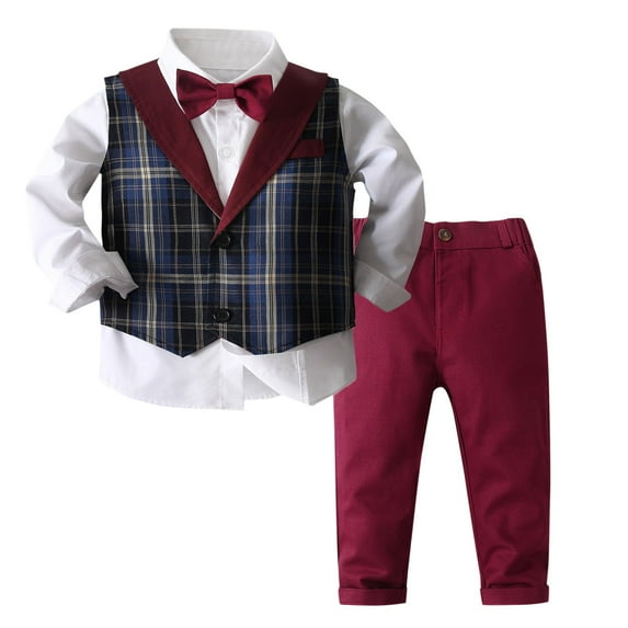 Timegard Baby Boy Outfits 3 Piece Long Sleeve Shirts Vests Pants with Bow Tie Toddler Formal Suit Sets