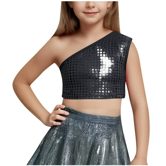 Timegard Baby Clothes for Girl 1 Shoulder Sleeveless Sparkly Crop Top Tee Hip Hop Dance Costume Streetwear