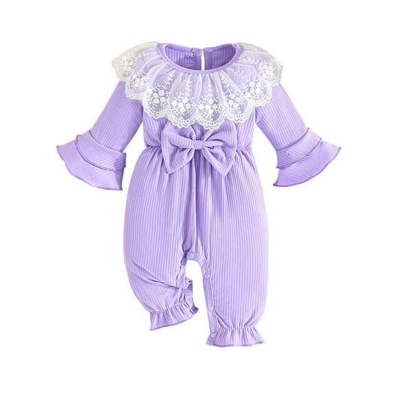 Timegard Baby Clothes for Girls Newborn Onesie Ruffle Lace Cute Rompers Bow Tie Infant Solid Color