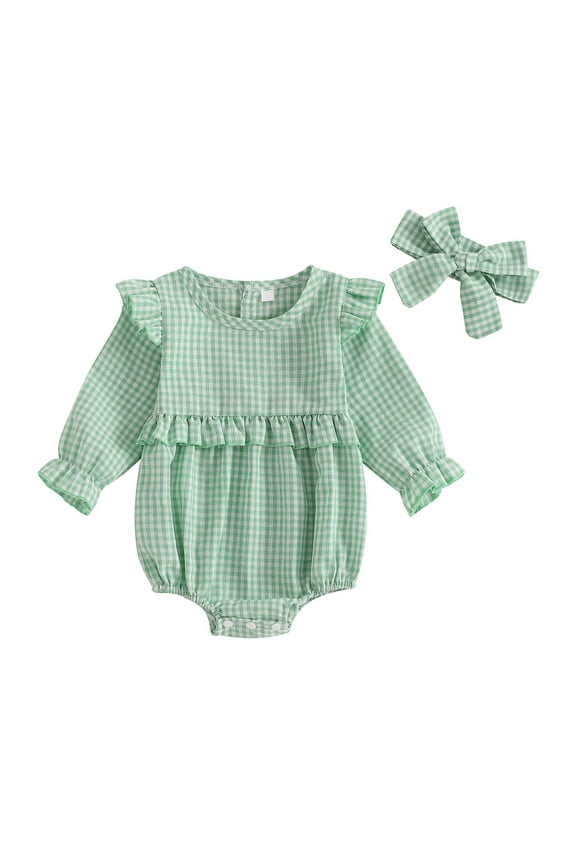 Baby Clothes for Girls Toddler Newborn Plaid Ruffle Long Sleeve Onesie Headband Infant Summer
