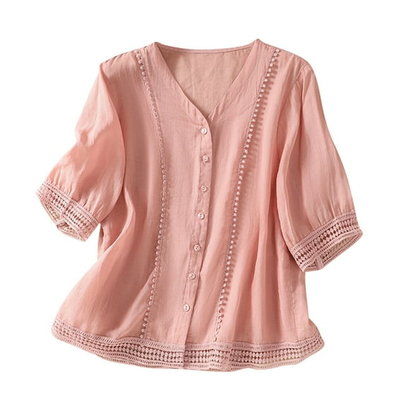 Timegard Blouse for Women Lapel V Neck Button up 1/2 Sleeve Lightweight Beach Casual Loose Tee Tops