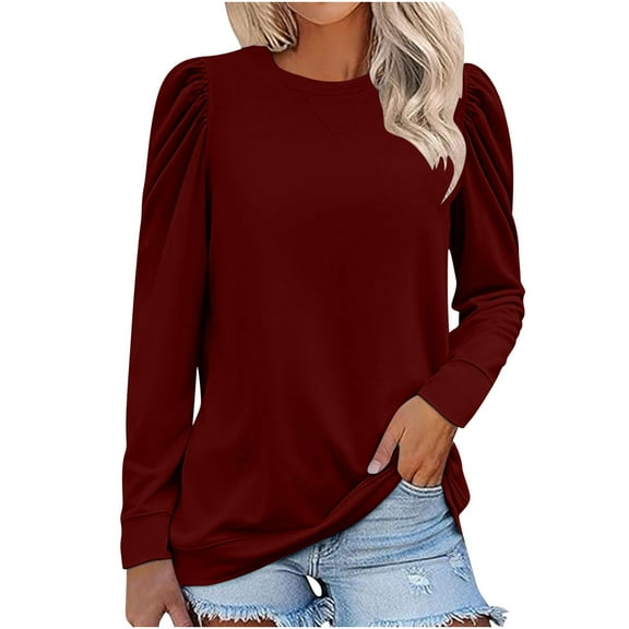 Timegard Blouse for Women Puff Long Sleeve Round Neck Tops Fall Winter Casual Comfy Basic Tee Tops