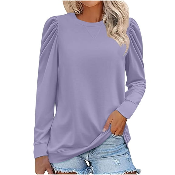 Timegard Blouse for Women Puff Long Sleeve Round Neck Tops Fall Winter Casual Comfy Basic Tee Tops