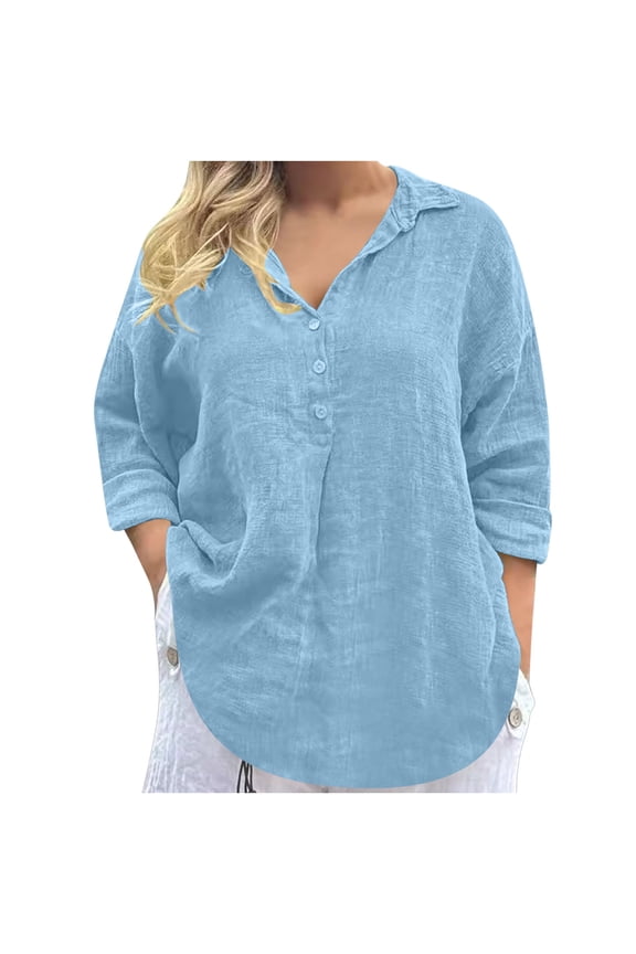 Blouses for Women Lightweight Lapel Neck Button Drop Shoulder Loose Tee Shirts Tops Solid Color
