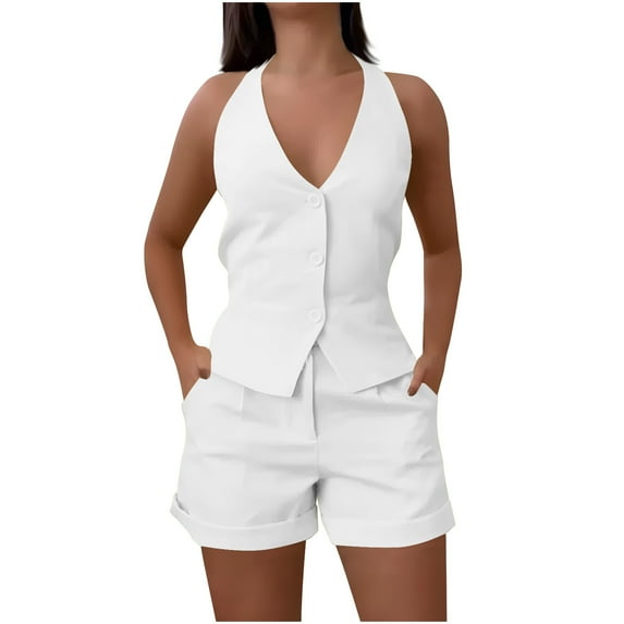 Timegard Business Casual Outfits for Women V Neck Button up Vests Suit Shorts Solid Color Work Lounge Sets
