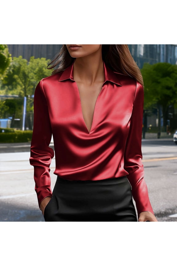 Tops for Women Trendy Satin Lapel V Neck Long Sleeve Blouse Business Casual Work Shirts Tops
