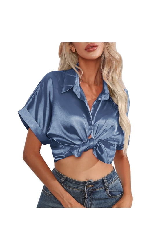 Business Casual Tops for Women Satin Button down Shirts Short Sleeve Loose Travel Tops Fashion