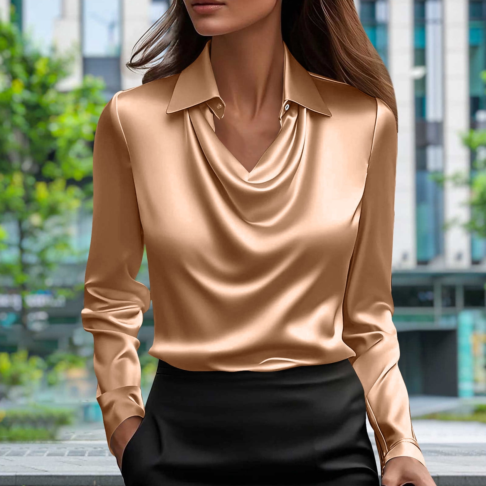 Women's Satin Blouse – Long Sleeve Business Shirt, Elegant Office Top With Hanging Collar