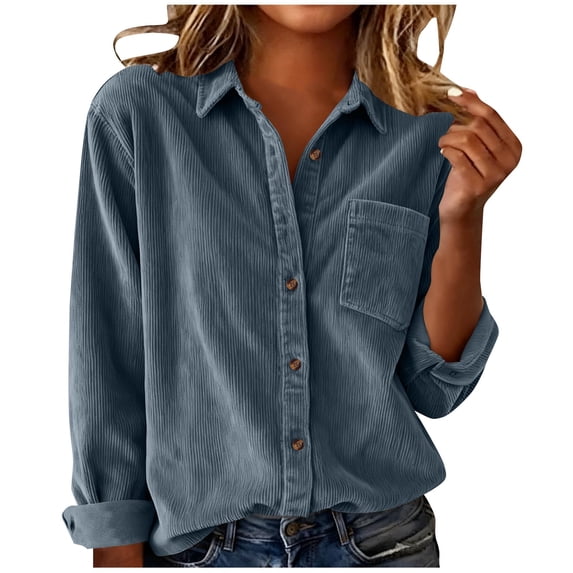 Timegard Button down Shirts for Women Corduroy Lapel V Neck Long Sleeve Tops Work Casual Loose Shirts Fashion