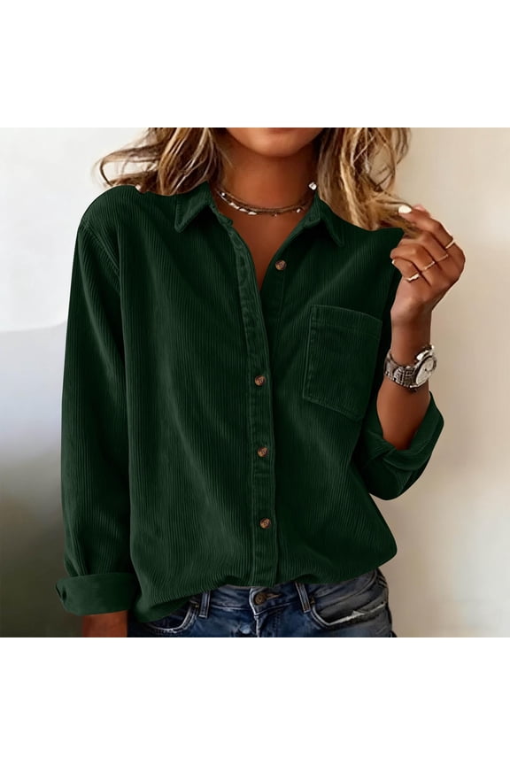 Button down Shirts for Women Corduroy Lapel V Neck Long Sleeve Tops Work Casual Loose Shirts Fashion