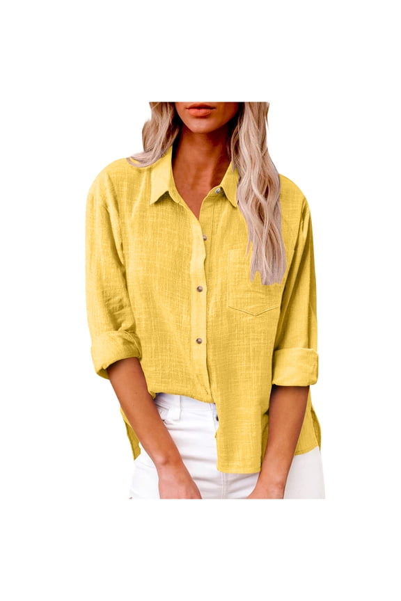 Button down Shirts for Women Cotton Linen Plus Size Lapel Neck Blouse Fall Casual Loose Tops