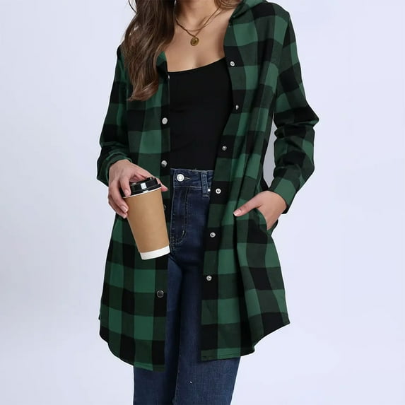 Timegard Button down Shirts for Women Fall Mid Long Loose Hoodies Tops Casual Plaid Travel Shirts Fashion
