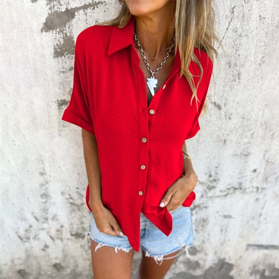 Timegard Button down Shirts for Women Half Sleeve Loose Work Business Casual Lapel Neck Shirts Tops