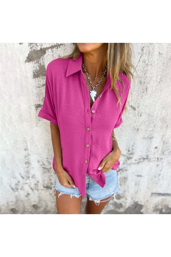 Button down Shirts for Women Half Sleeve Loose Work Business Casual Lapel Neck Shirts Tops