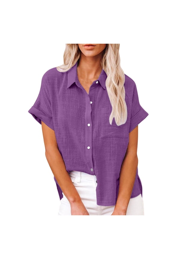 Button down Shirts for Women Plus Size Cotton Linen Solid Color Work Office Casual Shirts Tops