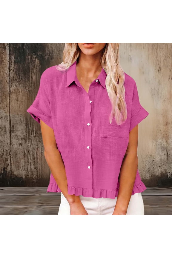 Button down Shirts for Women Short Sleeve Ruffle Lightweight Back Ruched Casual Travel Work Tops