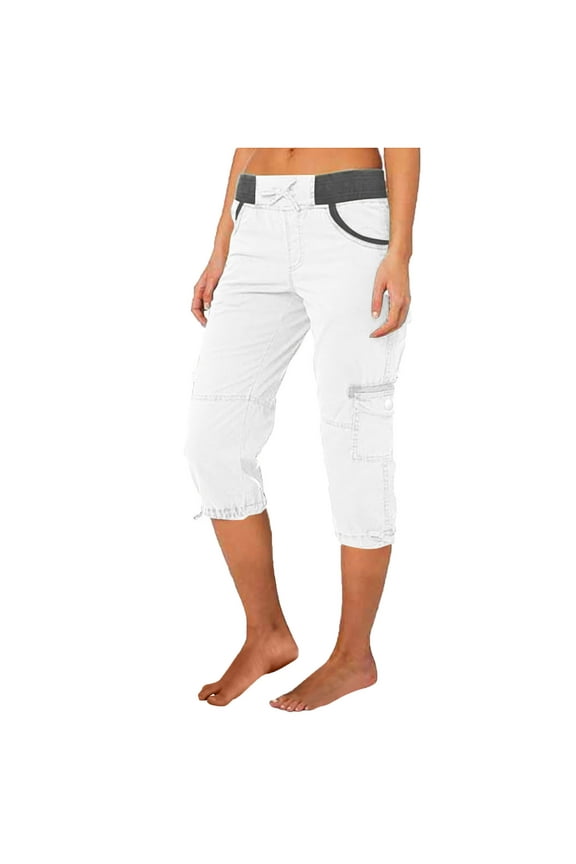 Capri Pants for Women Cargo Pants Summer Elastic Waist Drawstring Outdoor Cropped Trousers