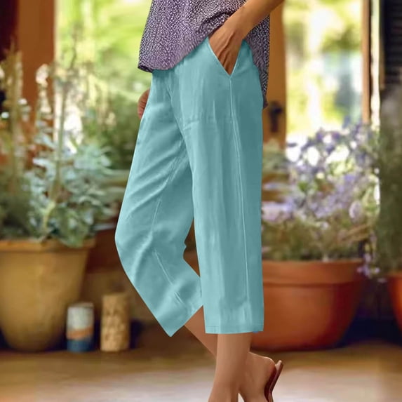 Timegard Capri Pants for Women Cotton Linen Elastic Waist Ruched Slacks Casual Loose Trousers Pocket